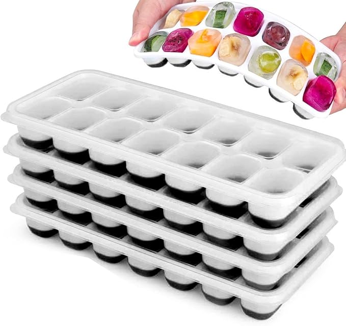 Set of 4 Stackable Silicone Ice Cube Trays with Removable Lids - Flexible, Spill-Resistant, Dishwasher Safe (Black) by VIGORPATH