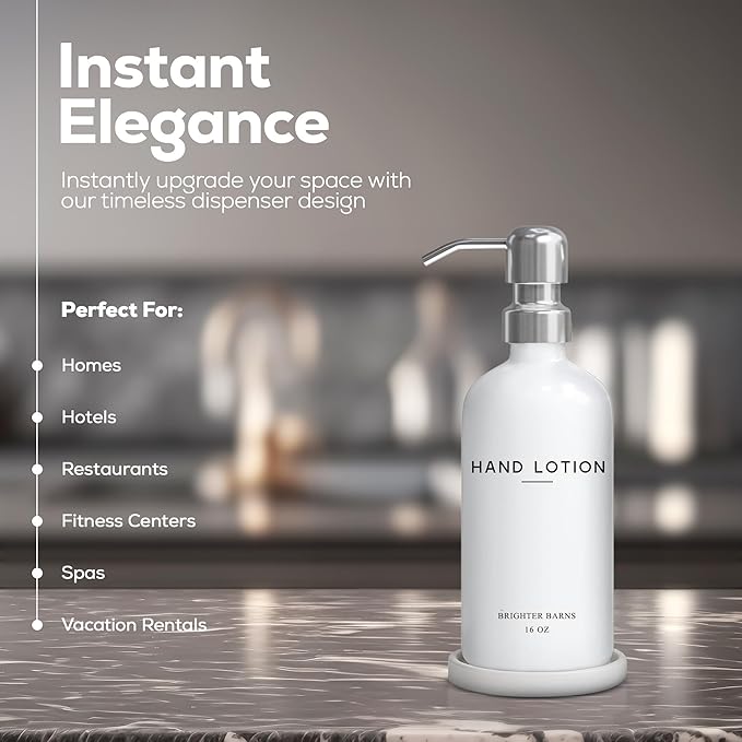 White Glass Lotion Dispenser with Pump Bathroom Set by Brighter Barns - Hand Lotion Dispenser Set with Tray - Modern Bathroom Accessories for Guest House, Hotel, Spa, Restaurant, Airbnb, Gift (White) - Image 2