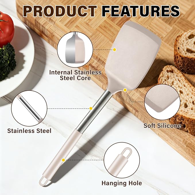 5Pcs Silicone Cooking Utensils Set, Heat Resistant Kitchen Tools Include Solid&Slotted Spatula, Cooking Spoon and Pasta Server, Silicone Kitchen Utensils set for Nonstick Cookware Flipping, Khaki - Image 3