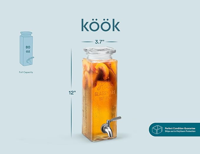 Kook Glass Drink Dispenser, with Leak-Proof Stainless Steel Spigot, Clear Rectangular Mason Jar, Beverage Storage for Fridge, for Water, Iced Tea, Sangria, Lemonade, 80 oz (2) - Image 8