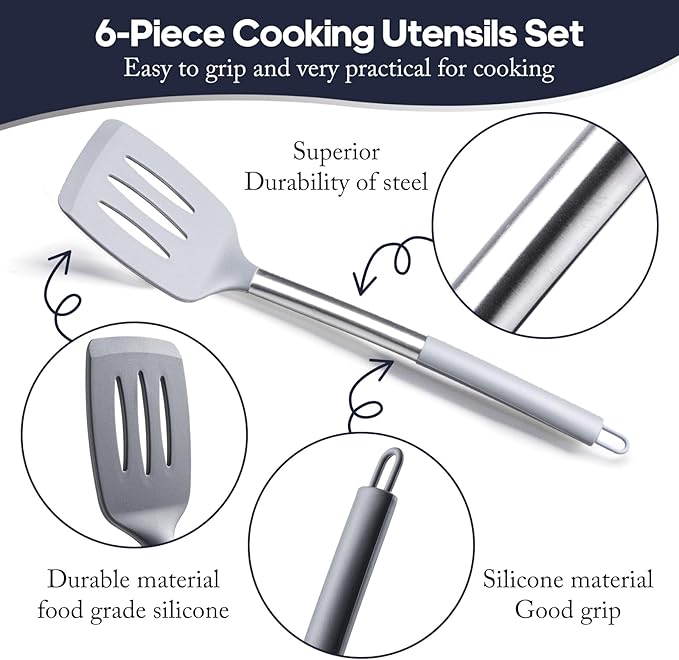 Silicone Kitchen Utensils Set - Culinary Couture 6-Pieces Grey Silicone Cooking Utensils Set for Nonstick Cookware - Stainless Steel Handle