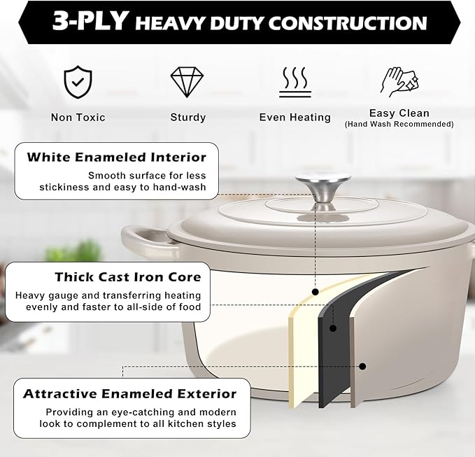 TeamFar 5Qt Dutch Oven, Enameled Cast Iron Dutch Oven with Lid & Dual Handles for Cooking Baking Braising Simmering, Healthy & Sturdy, Oven & Various Stovetops Safe, Non-stick & Easy Clean - Khaki - Image 4