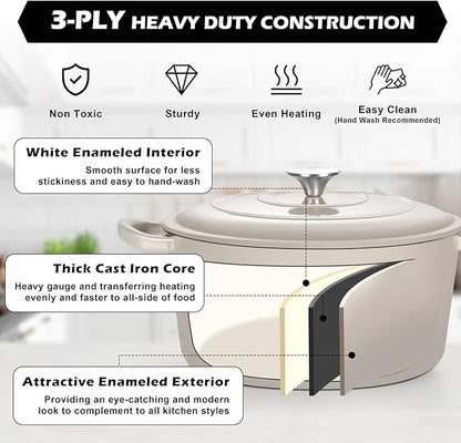 TeamFar 5Qt Dutch Oven, Enameled Cast Iron Dutch Oven with Lid & Dual Handles for Cooking Baking Braising Simmering, Healthy & Sturdy, Oven & Various Stovetops Safe, Non-stick & Easy Clean - Khaki - Image 4