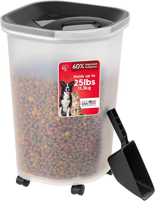 IRIS USA Pet Food Storage Container 25 lbs, Premium 60% Improved Airtight Seal with Air Valve, 2 Cup Scoop, Removable Wheels, Easy to Open - Made in the USA, Black by IRISUSA
