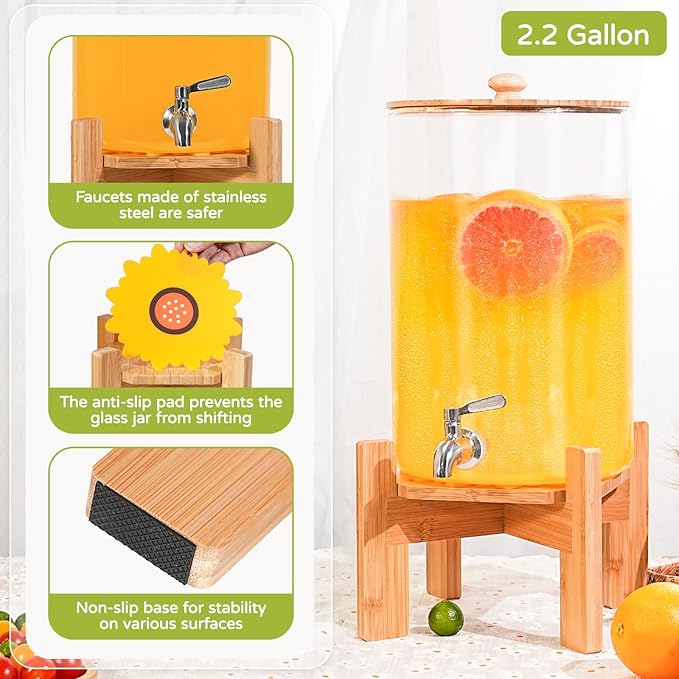 MOBYKE 2.2 Gallon Drink dispenser, Large Water Glass Beverage Dispenser With Wood Stand for Parties With Stainless Steel Spigot, Ideal for Lemonade,Juice, Tea, and Party Drinks