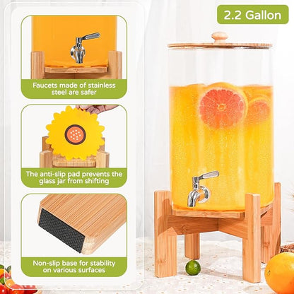 MOBYKE 2.2 Gallon Drink dispenser, Large Water Glass Beverage Dispenser With Wood Stand for Parties With Stainless Steel Spigot, Ideal for Lemonade,Juice, Tea, and Party Drinks