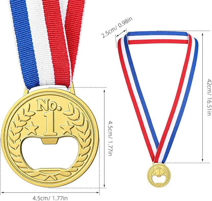 Cabilock 3pcs Bottle Opener, Medal Shaped Beer Opener with Neck Ribbon, Creative Gold Medals Jar Beer Lid Remover Wine Accessories for Bar Kitchen Party Competitions