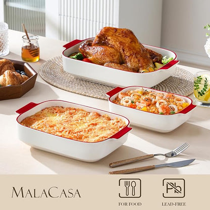 MALACASA Casserole Dishes for Oven, Ceramic Baking Dishes Set of 3, Rectangular Lasagna Pan Deep Baking Pans, Bakeware Sets with Handles Gift Set, White with Red Trim (13.8''/11.7''/9.4''), Series BAKE - Image 3