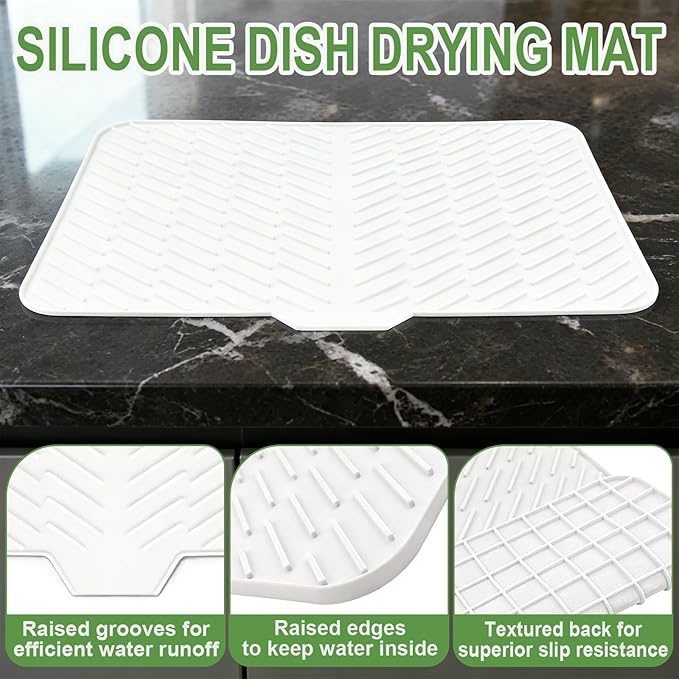 Silicone Drying Mat, 23"X17" With Built-in Drain Lip,Heat-Resistant,Eco-friendly,Hygienic Drying Pad,Leak-Proof and Non-Slip,Silicone Dish Drying Mat for Kitchen Counter or Sink（White 23X17） - Image 4