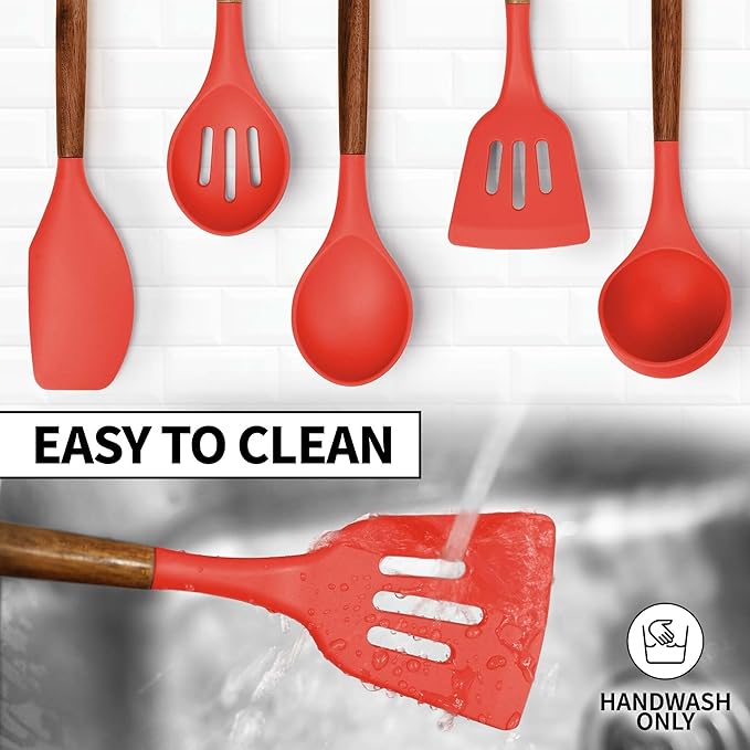 Zulay Kitchen Utensils Set Non-Stick Silicone Cooking Utensils Set with Authentic Acacia Wood Handles - 5 Piece Silicone Utensil Set - Kitchen Utensils Set with 464°F Heat Resistance - Red - Image 7