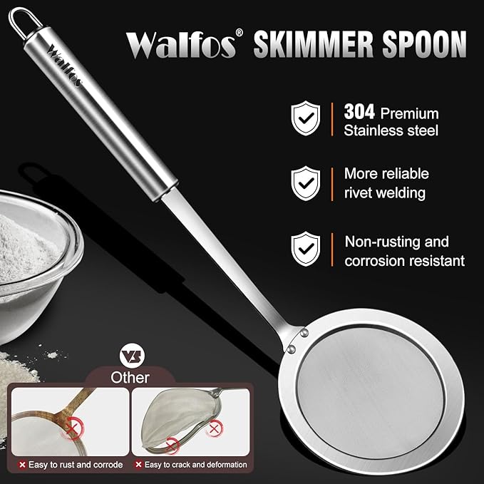 Walfos Fat Skimmer Spoon, 304 Stainless Steel Fat skimmer For Cooking, Fine Mesh Strainer, Food Strainer Fit For Separation Of The Floating Foam, Fat, Grease - Set of 2 Sise - Image 7