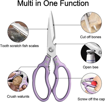 CGBE Kitchen Scissors All Purpose Heavy Duty, Ultra Sharp Stainless Steel Kitchen Shears Dishwasher Safe, Cooking Shears for Chicken, Poultry, Fish, Meat, Herbs & Grapes with Non-Slip Grips - Purple - Image 2