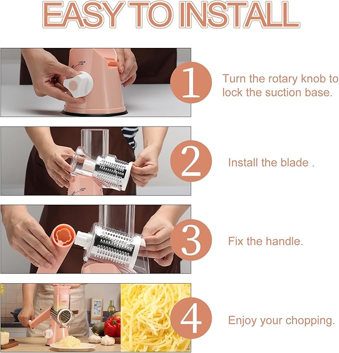 Ourokhome Rotary Cheese Grater Hand Crank, Kitchen Shredder Speed Mandolin Slicer Nuts Grinder with Handle and Drum Blades for Cheese, Vegetable, Walnuts, Chocolate, Potato, Carrot, 3 Blades, Pink - Image 6
