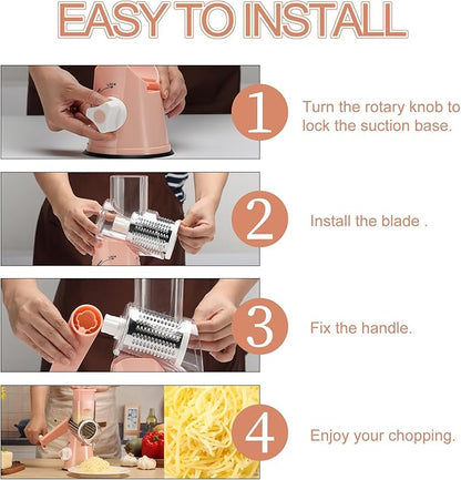 Ourokhome Rotary Cheese Grater Hand Crank, Kitchen Shredder Speed Mandolin Slicer Nuts Grinder with Handle and Drum Blades for Cheese, Vegetable, Walnuts, Chocolate, Potato, Carrot, 3 Blades, Pink - Image 6