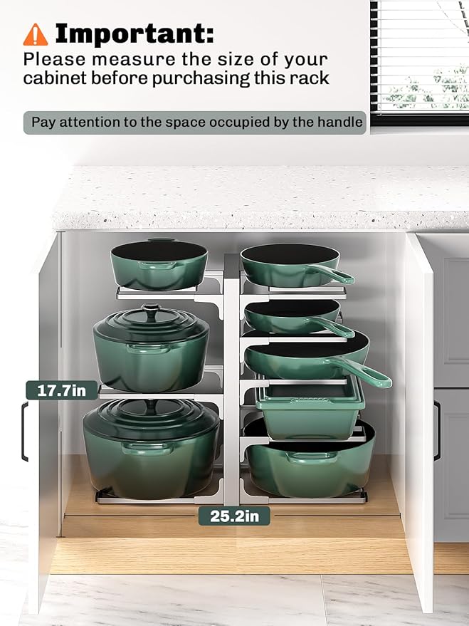 MUDEELA 8-Tier Pots and Pans Organizer under Cabinet, 15.83" Height Heavy Duty Pot Pan Organizer Kitchen Cabinet Organization and Storage, Adjustable Pot Rack for Frying Pan, Cast Iron Skillet, Sliver - Image 2