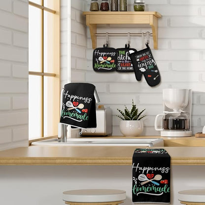Sratte 6 Pcs Kitchen Decor Accessories Set Farmhouse Towels Pot Holders Oven Mitts Set 2 Dish Towels 2 Potholders 2 Cooking Mittens Oven Glove for Christmas Baking Cooking (Black Color) - Image 7