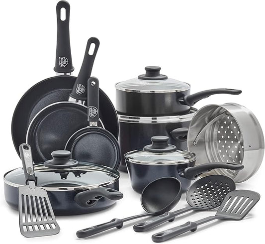 GreenLife 16 Piece Nonstick Cookware Set, Soft Grip Non-Toxic PFAS-Free Ceramic Pots & Pans, Dishwasher & Oven Safe, Frying, Sauce, Saute, Utensils, Glass Lids, Stay-Cool Handles, Wobble Free, Black by GreenLife