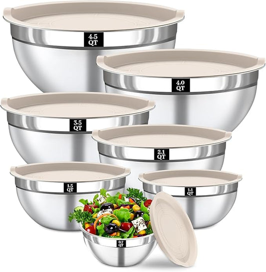 Mixing Bowls with Lids Set - 7PCS Nesting Mixing Bowls, Lids, Stainless Steel Mixing Bowls for Mixing, Baking & Meal Prep, Dishwasher Safe, Size 0.7/1.1/1.5/2.1/3.5/4/4.5 QT, Khaki by Boskermeal