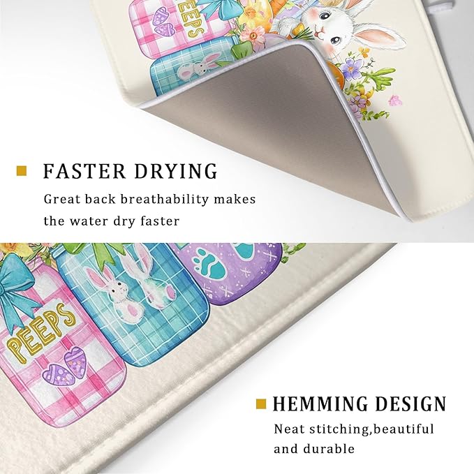 Easter Bunny Carrots Dish Drying Mat for Kitchen Counter,Spring Colorful Flowers Mason Jar Drying Mat 18 x 24 Inch with Absorbent Reversible Microfiber Drying Pad for Coffee Bar - Image 3