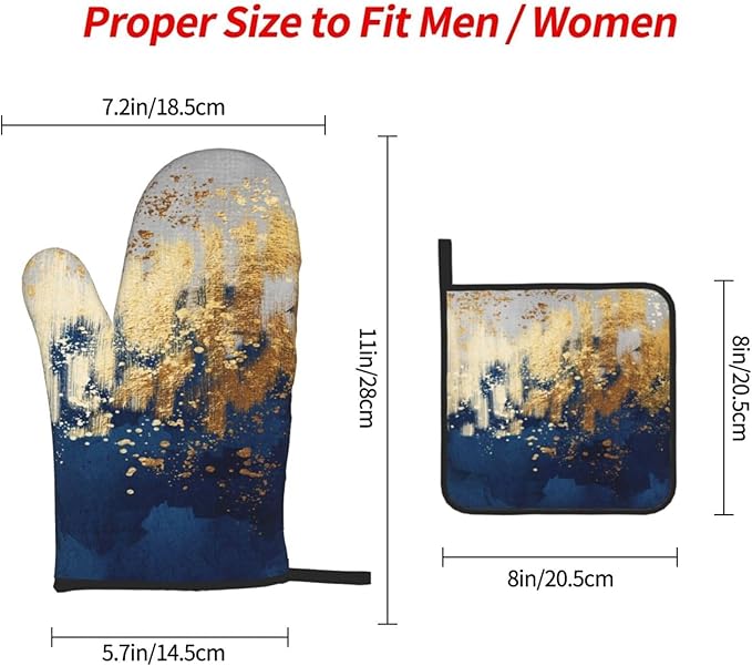 Blue and Gold Watercolor Abstract Oven Mitts and Pot Holder Sets of 3, Non-Slip Heat Resistant Decor Navy Kitchen Gloves with Hanging Loop for Cooking Baking Grilling, Kitchen Gifts for Cooking Lover - Image 9