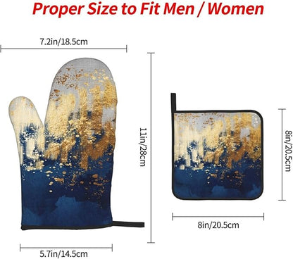 Blue and Gold Watercolor Abstract Oven Mitts and Pot Holder Sets of 3, Non-Slip Heat Resistant Decor Navy Kitchen Gloves with Hanging Loop for Cooking Baking Grilling, Kitchen Gifts for Cooking Lover - Image 9