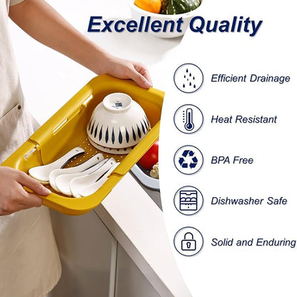 Extendable Sink Colander Strainer Basket - Wash Vegetables and Fruits, Drain Cooked Pasta and Dry Dishes - Adjustable Over the Sink Colander Collapsible Drainer Basket - Yellow