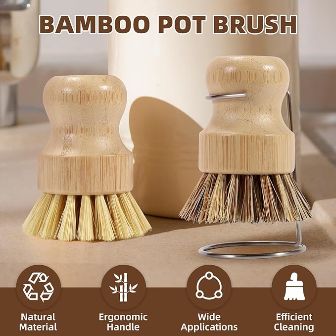 SAMEBUTECO 6-Piece Bamboo Dish Brush Set with Fast-Dry Stainless Steel Holder,3xNatural Sisal Bristle Brush & 1xPalm Bristle Kitchen Cleaning Brushes for Dishes, Pots, Pans & Sink - Image 2