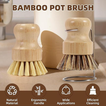 SAMEBUTECO 6-Piece Bamboo Dish Brush Set with Fast-Dry Stainless Steel Holder,3xNatural Sisal Bristle Brush & 1xPalm Bristle Kitchen Cleaning Brushes for Dishes, Pots, Pans & Sink - Image 2