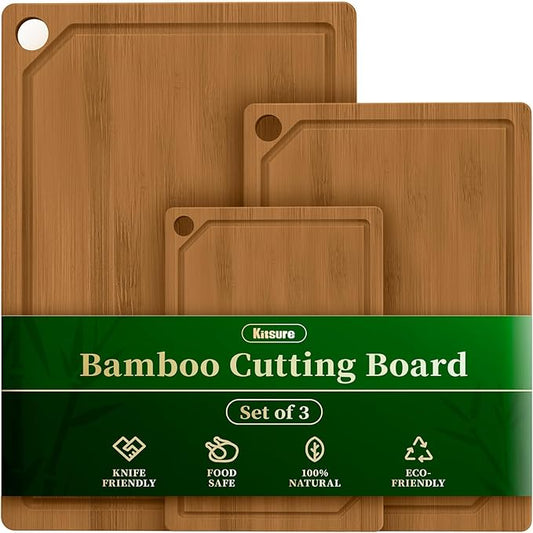 Kitchen Cutting Board Set - 3-Piece Wooden Cutting Boards for Kitchen with Juice Groove, Handles, Hang Holes, Stylish Kitchen Essentials for Chpping & Serving, Brown, 0.4"Th - (L+M+S) by Kitsure