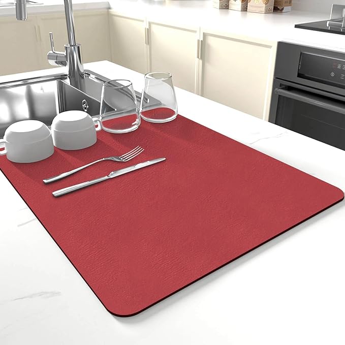 Dish Drying Mat for Kitchen Counter,Drying Mat for Dish Rack,Absorbent Hide Stain Rubber Mat,Coffee Mat, Kitchen Counter Mat(Red, 17"x31.5") by JuSiyley