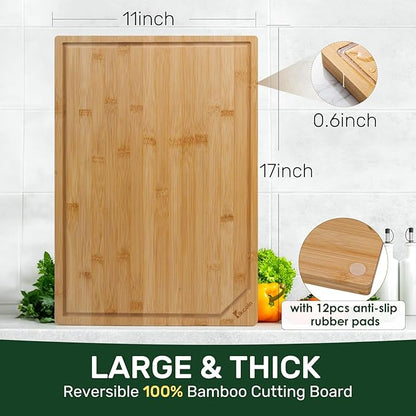 Kikcoin 17”×11” Bamboo Cutting Boards for Kitchen, Healthy Wooden Cutting Boards for Kitchen, Charcuterie, Vegetables, Cheese, Extra Large Chopping Boards with Deep Juice Groove and Handle, Natural - Image 3