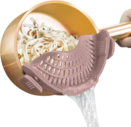 AUOON Clip on Strainer for Pots and Pans - Silicone Food Strainer for Draining Pasta, Spaghetti, Noodles, Fruits, Vegetables, Grease, Ground Beef (Almond Rose) by AUOON