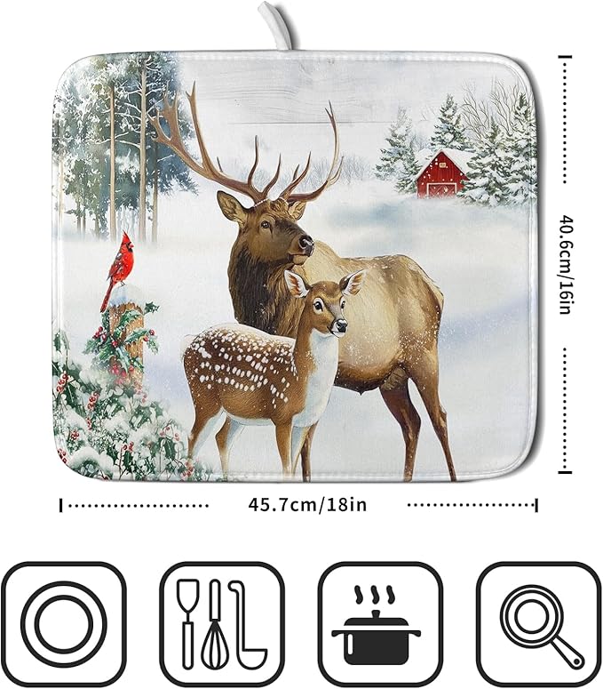 Giwawa Winter Deer Dish Drying Mat 16"x18" Xmas Tree Bird Holly Berry Dish Drainer Mats Elk Moose Snow Cottage Farmhouse Reversible Small Dish Drying Pad Protector for Kitchen Countertop Decor