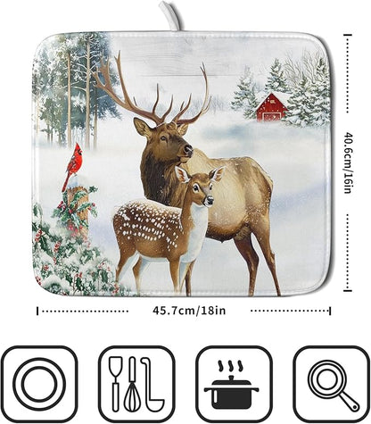Giwawa Winter Deer Dish Drying Mat 16"x18" Xmas Tree Bird Holly Berry Dish Drainer Mats Elk Moose Snow Cottage Farmhouse Reversible Small Dish Drying Pad Protector for Kitchen Countertop Decor