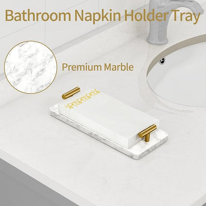 STWWO Napkin Holder for Bathroom, Guest Towel Holder Tray for Bathroom, Marble Guest Napkin Holders with Golden T-Handle, Disposable Hand Towel Tray for Guest Room, Table, Kitchen