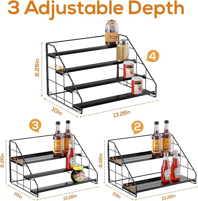 4 Tiered Spice Rack Organizer, 2 Pack Spice Rack Organizer for Cabinet, Tiered Adjustable Spice Shelf for Kitchen Countertop Pantry Organization (Carbon Black) - Image 3