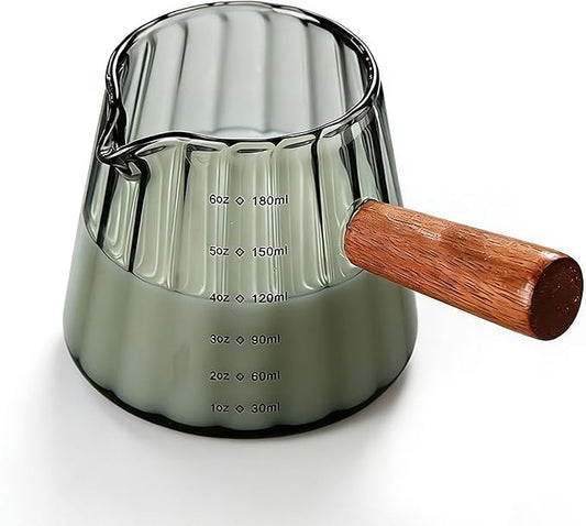 6 Oz Grey Glass Measuring Cups With Spout, Espresso Glass Cups With Wood Handle, Milk Frothing Cup Espresso Cup For Coffee Milk Tea Or Maple Syrup Serving
