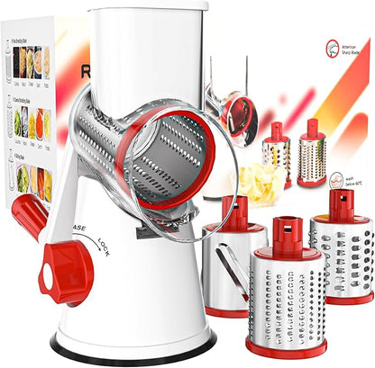 Cambom Rotary Cheese Grater Hand Crank Cheese Shredder for Fresh Cheese, Vegetable, Nuts,Non-slip Suction Base, Free Cleaning Brush Three Blades,Red White by Cambom