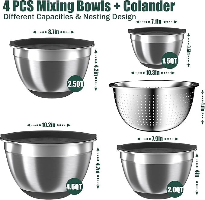 Mixing Bowls with Airtight Lids Set, 4 Stainless Steel Bowls Nesting Bowls & Colander, Kitchen Organizers and Storage Non-Slip Bottom, Size 1.5/2.0/2.5/4.5QT, Great for Mixing & Serving, Black - Image 2