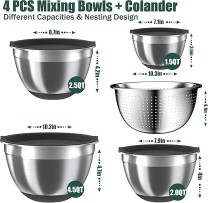 Mixing Bowls with Airtight Lids Set, 4 Stainless Steel Bowls Nesting Bowls & Colander, Kitchen Organizers and Storage Non-Slip Bottom, Size 1.5/2.0/2.5/4.5QT, Great for Mixing & Serving, Black - Image 2