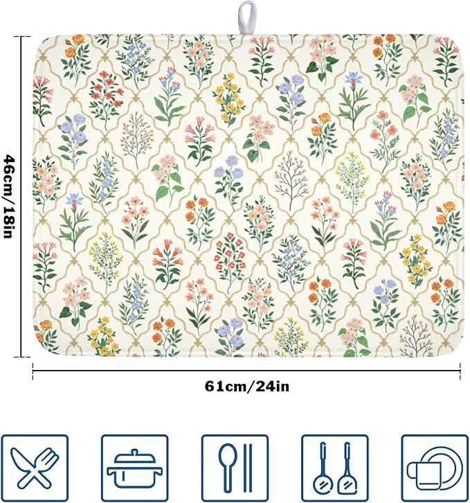 Floral Dish Drying Mat for Kitchen Counter Spring Summer Wild Flowers Diamond Pattern Microfiber Dish Drainer Mat Rustic Absorbent Washable Drying Pad Extra Large 18"x24"