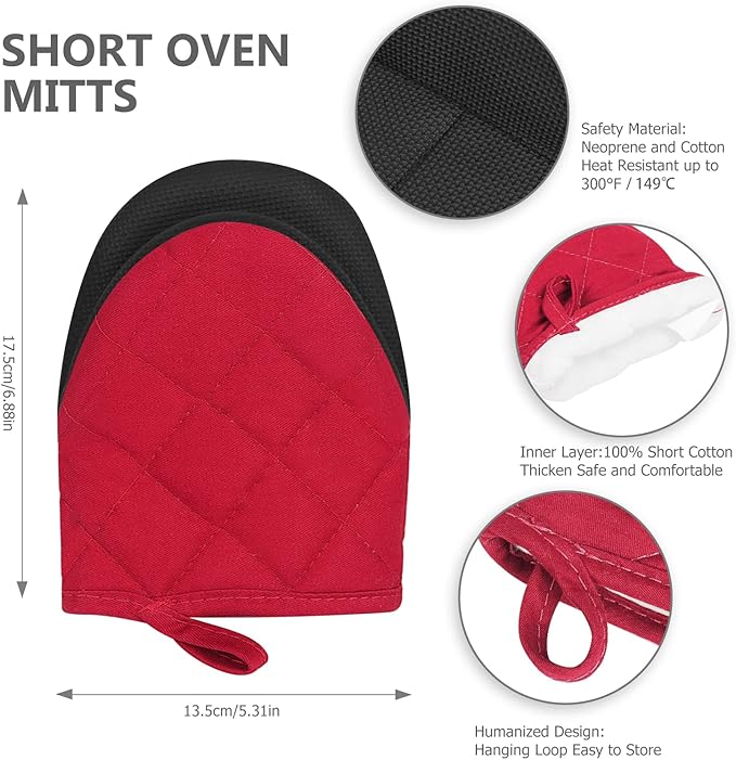 1 Pair Short Oven Mitts - Silicone Kitchen Oven Gloves High Heat Resistant 500℉, Mini Oven Mits with Non-Slip Grip Surfaces and Hanging Loop for BBQ, Baking, Cooking and Grilling (Red) - Image 3