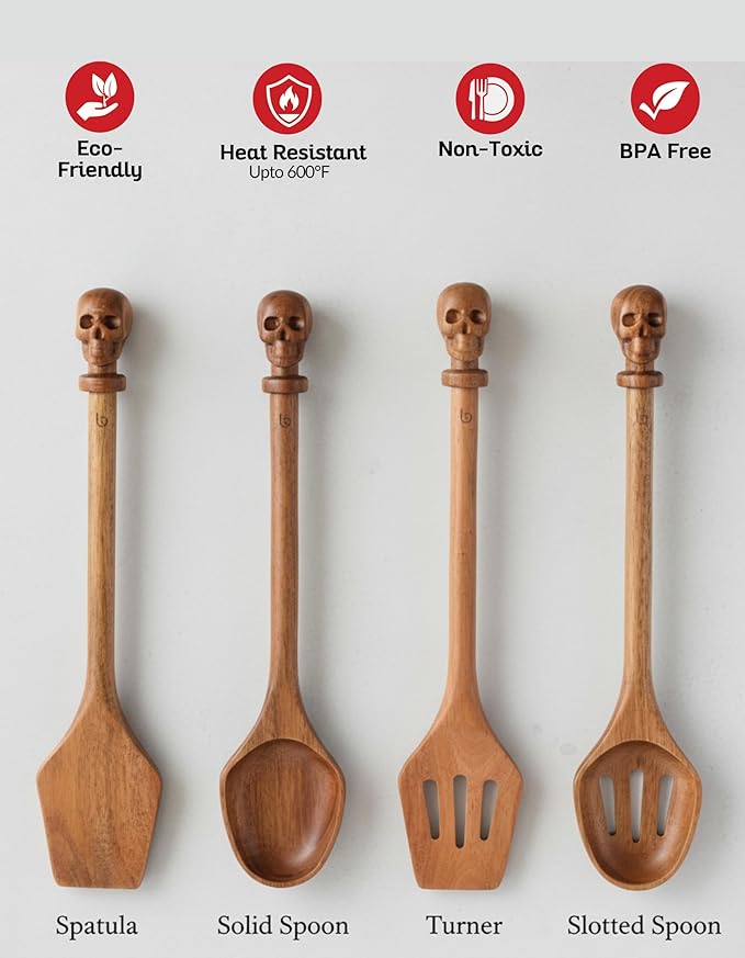 Acacia Wood Cooking Utensil Set with Skull Handles – 4-Piece FSC Certified Acacia Wood Kitchen Tools, Eco-Friendly Nonstick Safe Cooking Utensils (Spatula, Spoon, Slotted Turner, Slotted Spoon) - Image 4