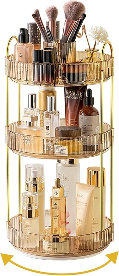 Asayuee 360 Rotating Makeup Organizer,3 Tier Large Capacity Make Up Organizers and Storage,Skincare Perfume Vanity Organizers,Bathroom Cosmetics Storage Organizer Countertop(Gold) by Asayuee