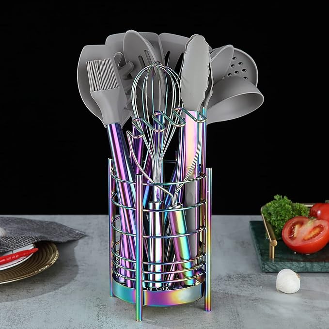 Rainbow Kitchen Utensil Holder for Kitchen Counter, Stainless Steel Utensil Crocks, Rainbow Titanium Coating Utensil Storage Caddy Organizer, Cooking Utensil Holder, Easy Cleaning(Rainbow/7.4''x5.2'') - Image 4