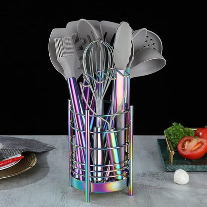 Rainbow Kitchen Utensil Holder for Kitchen Counter, Stainless Steel Utensil Crocks, Rainbow Titanium Coating Utensil Storage Caddy Organizer, Cooking Utensil Holder, Easy Cleaning(Rainbow/7.4''x5.2'') - Image 4