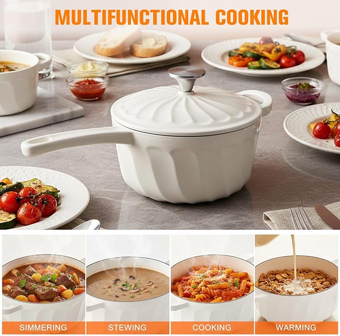 Enameled Cast Iron Sauce Pan, 2 Quart Saucepan with Lid, Small Cast Iron Pot Enamel Saucepan for Cooking Pasta Sauce, Gravy, Puddings, Marinate, Boiling (White)