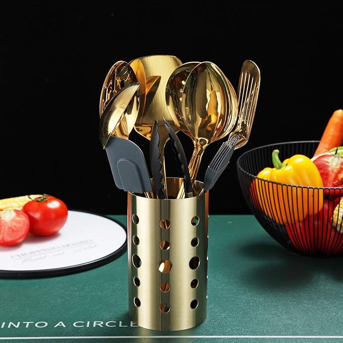 Gold Cooking Utensils Set, Berglander Stainless Steel 13 Pieces Kitchen Utensils Set With Titanium Gold Plating, Kitchen Tools Set With Utensil Holder, Dishwasher Safe, Easy to Clean - Image 6