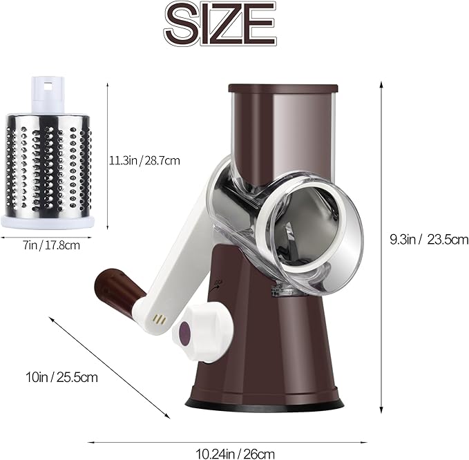 Ourokhome Rotary Cheese Grater Hand Crank, Kitchen Shredder Speed Mandolin Slicer Nut Grinder with Handle and Drum Blades for Cheese, Vegetable, Walnuts, Chocolate, Potato, Carrot,3 Blades, Coffee - Image 7