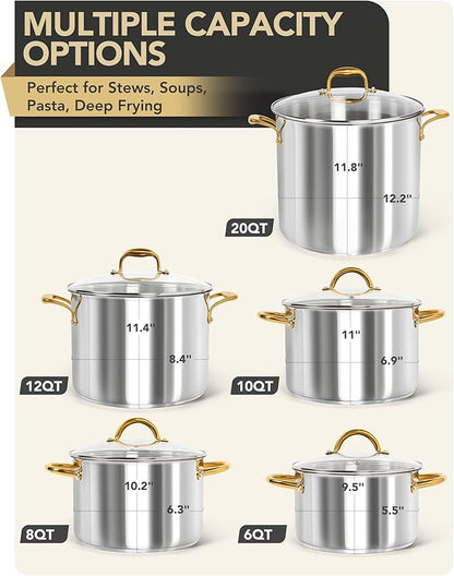 MICHELANGELO Stainless Steel Stock Pot with Lid - 12 Quart Soup Pot with Ergonomic Handle, Large Cooking Pots for StewSoup, Suitable for All Stoves